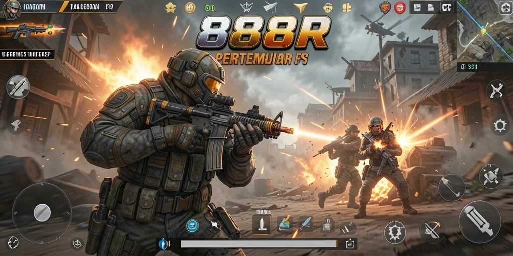 Gameplay 888R menunjukkan aksi menembak yang intens dan mendebarkan.
