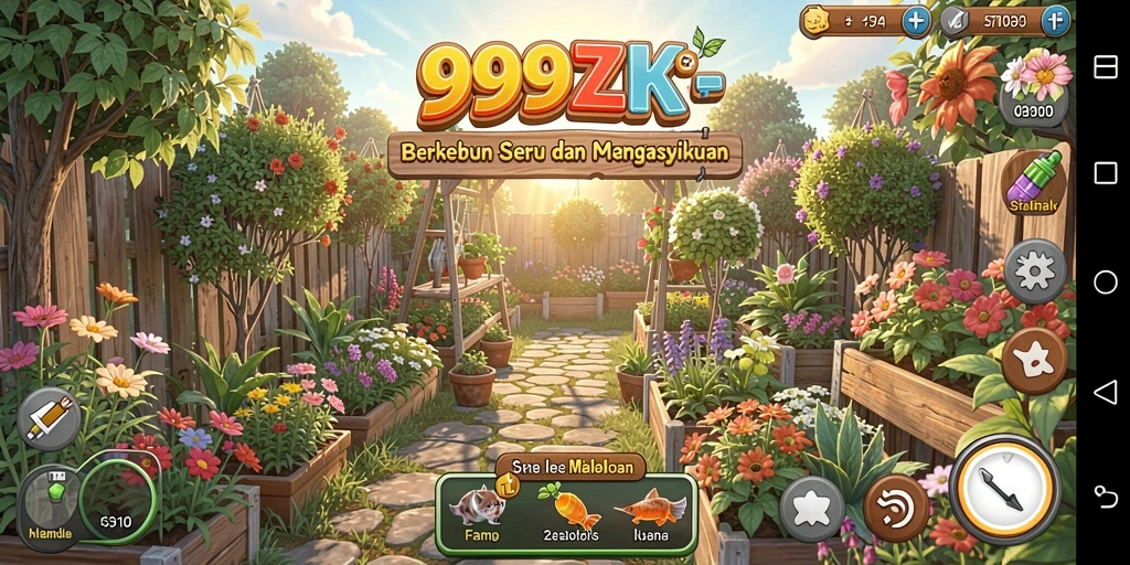 Tampilan gameplay 999ZK dengan pertanian yang subur dan aktivitas berkebun.