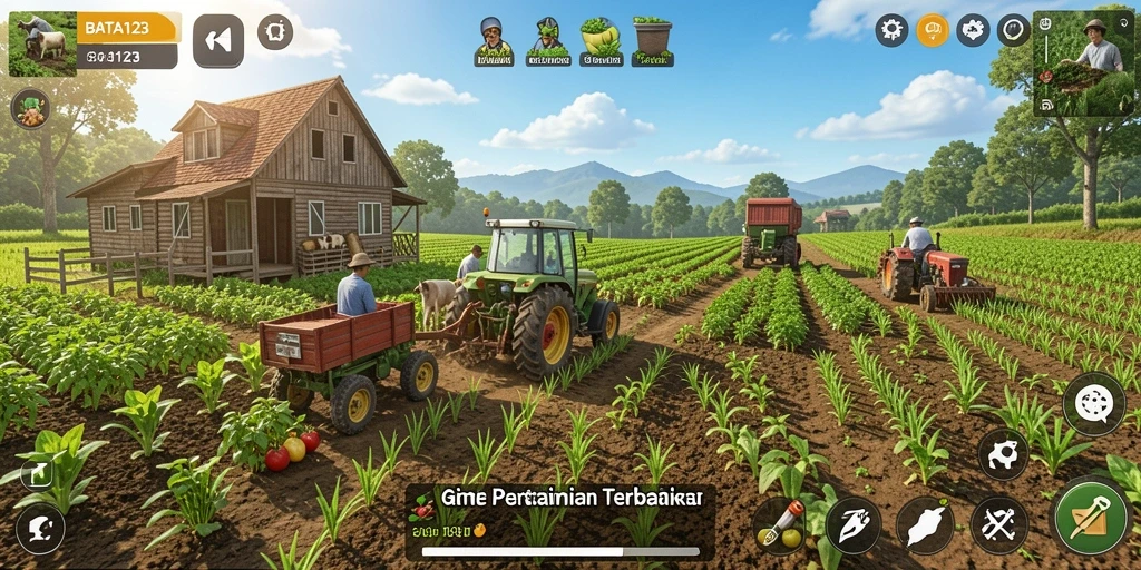 Tampilan gameplay BATA123 dengan ladang hijau dan hewan ternak.