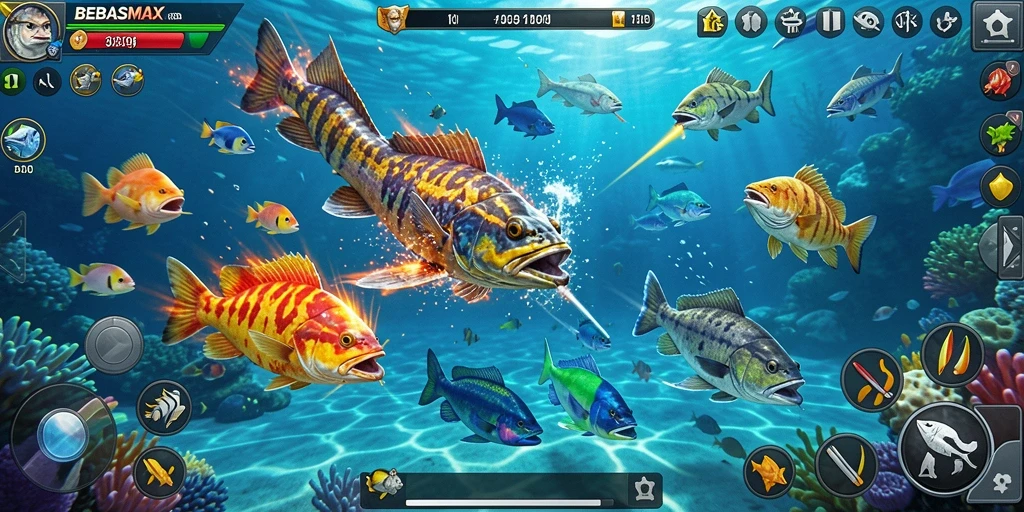 Tampilan gameplay seru di BEBASMAX saat menangkap ikan.