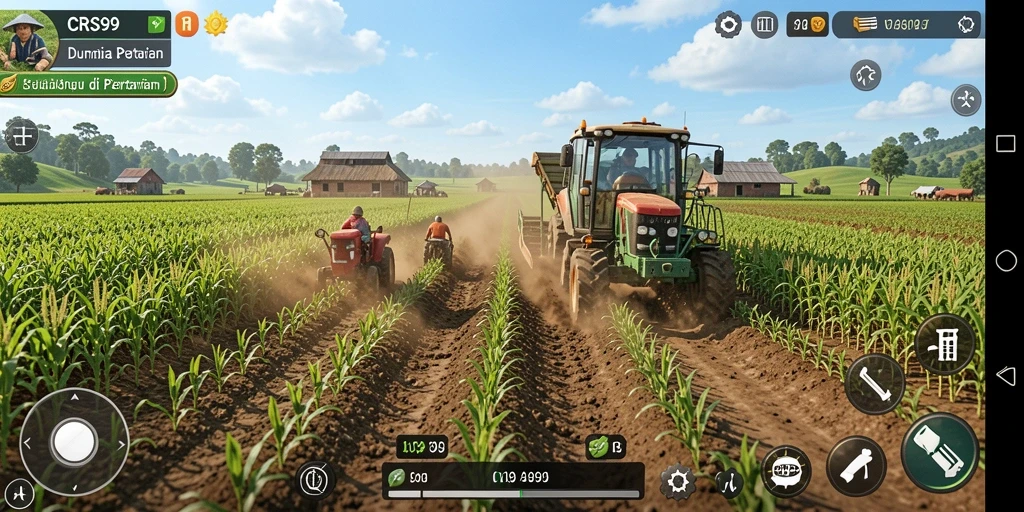 Tangkapan layar utama CRS99 menunjukkan gameplay bertani yang seru dan dinamis.