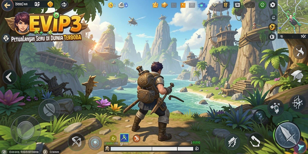 Screenshot gameplay EVIP3 menampilkan petualangan di dunia terbuka yang luas.