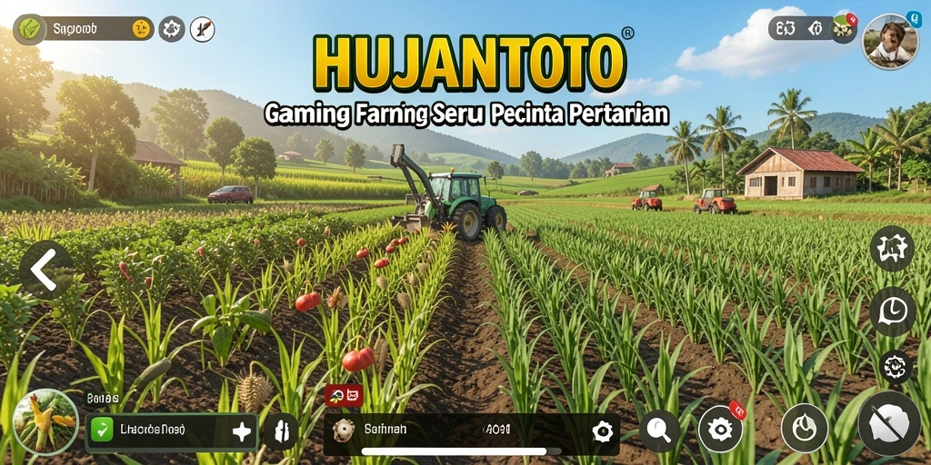 Screenshot gameplay HUJANTOTO menampilkan petani merawat tanaman di lahan hijau.