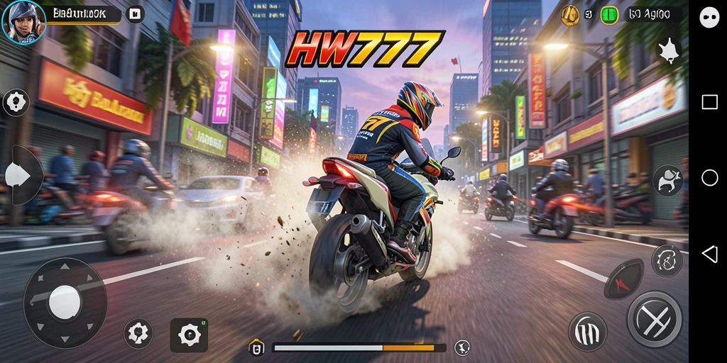 Tampilan gameplay HW777 dengan motor balap di jalanan.