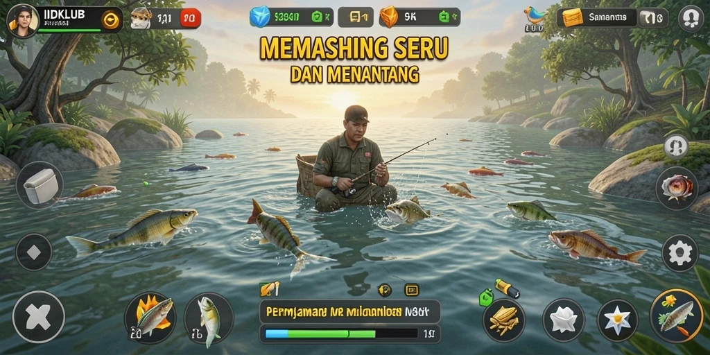 Tampilan gameplay IDKLUB yang menampilkan aksi memancing yang seru.