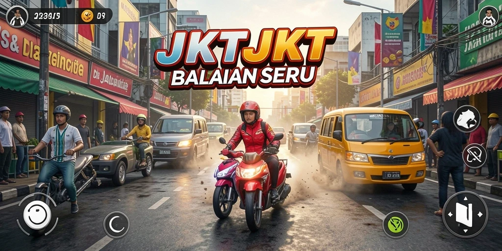 Tampilan layar gameplay JKTJKT memperlihatkan balapan yang intens di jalanan.