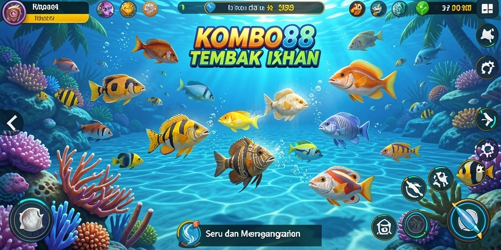 Screenshot gameplay <strong>KOMBO88</strong> yang menunjukkan aksi menembak ikan.