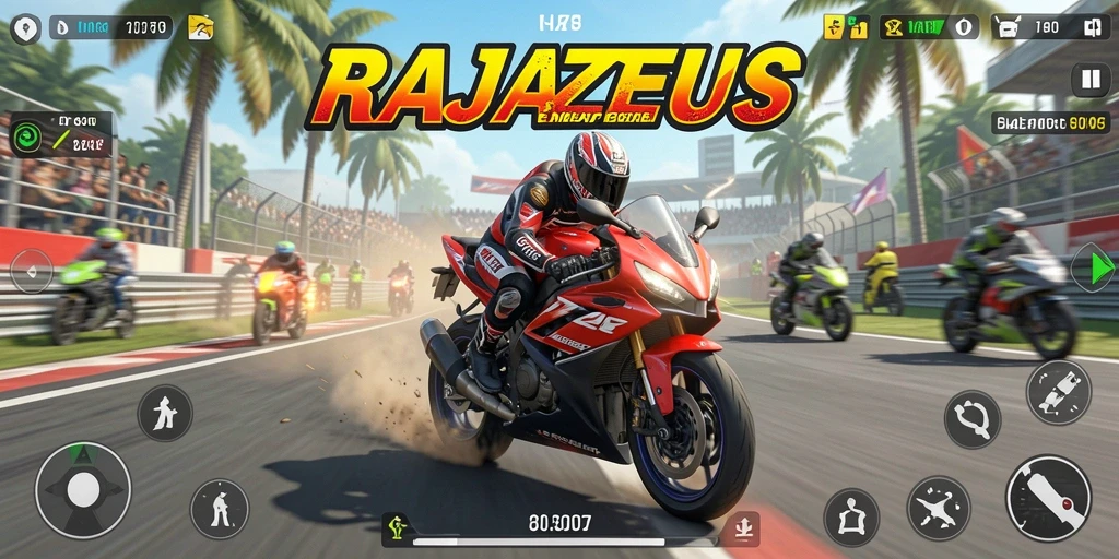 Tangkapan layar gameplay RAJAZEUS menampilkan balapan motor yang mendebarkan.