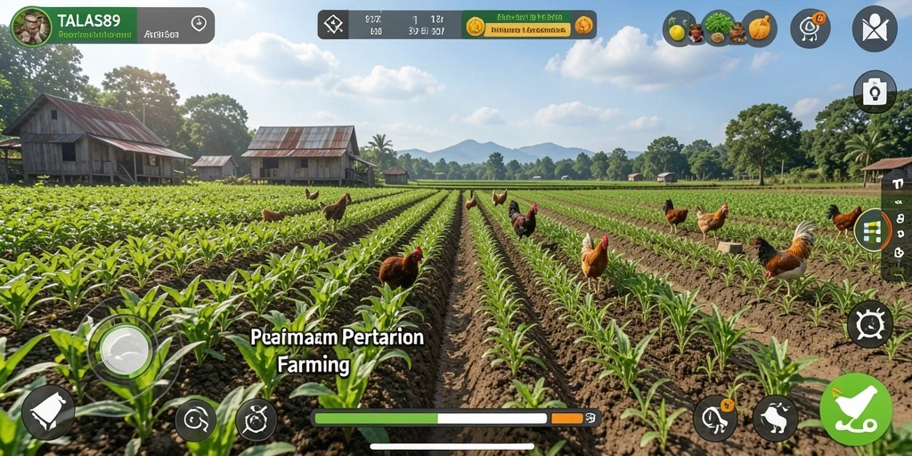 Screenshot utama TALAS89 menampilkan lahan pertanian yang subur dan aktivitas panen.