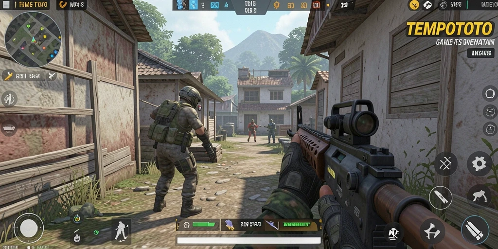 Screenshot TEMPOTOTO menunjukkan aksi seru dalam gameplay FPS.